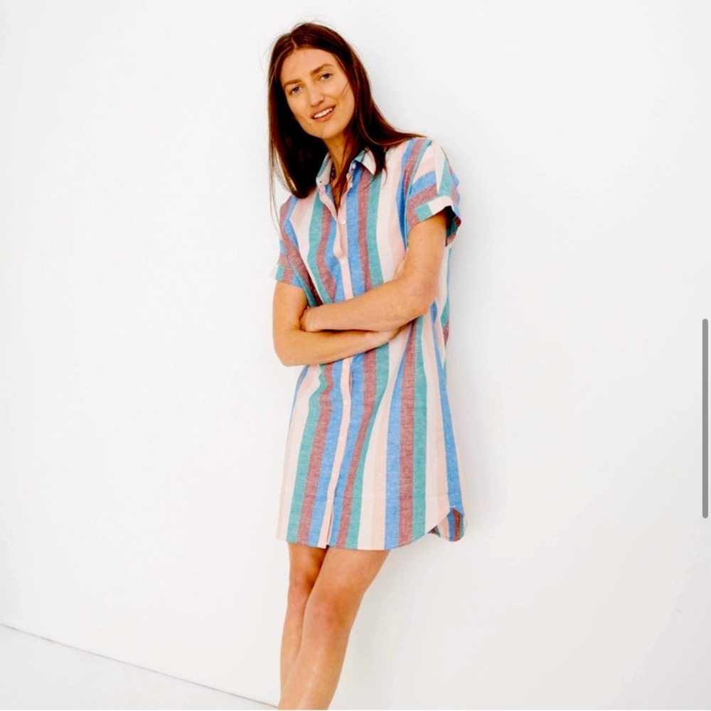 Madewell Central Linen Blend Shirt Dress Flagstaff Stripe Blue Pink Green Large